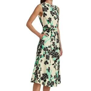 ST. JOHN Dress SZ 12 Orchid Fever Print Belted Midi Sleeveless Linen Blend Twill